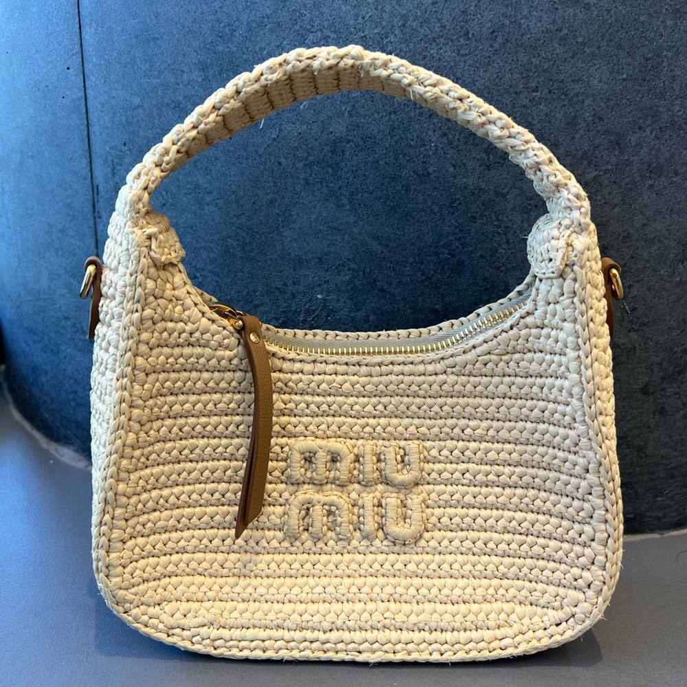 Miu Miu Wander Natural Raffia Crochet Crossbody Bag